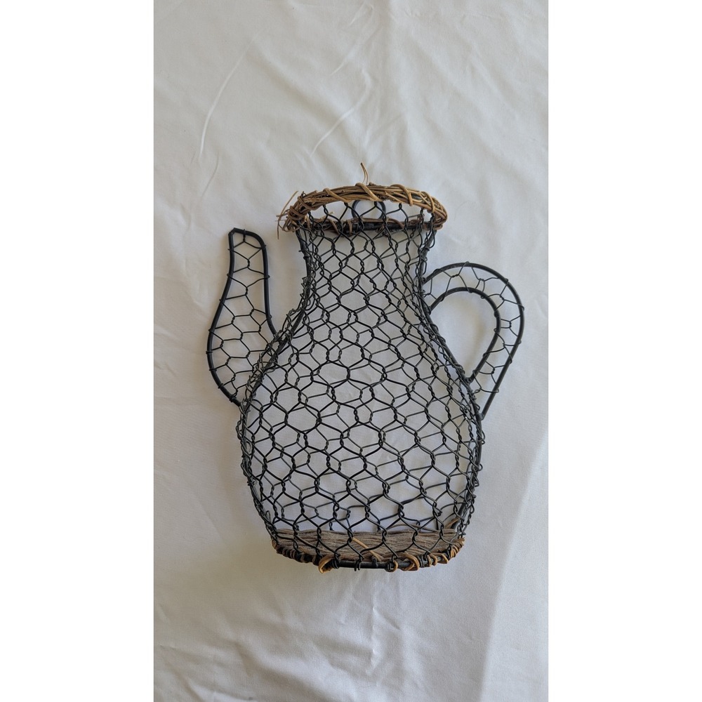 Vintage Farmhouse Black Chicken Wire Teapot Wall Hanging Basket Wicker Trim